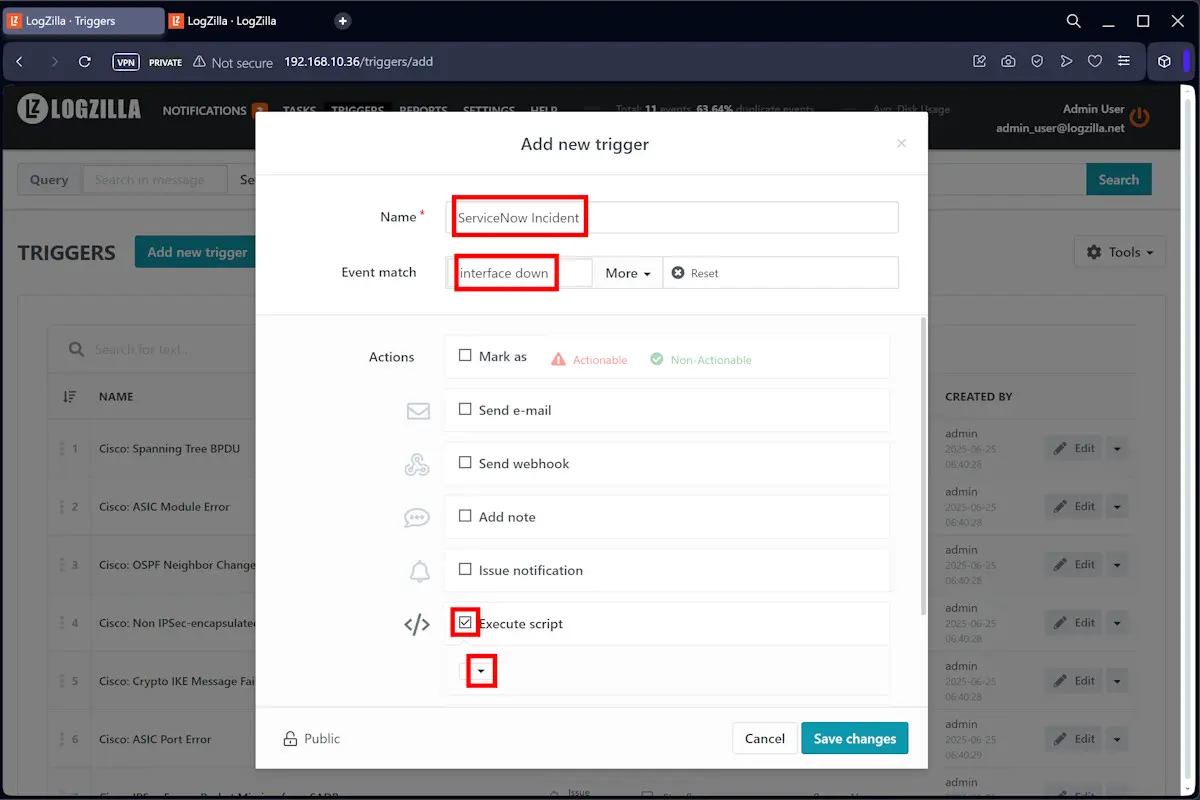 Add new trigger modal in LogZilla with 'Execute script' action
available