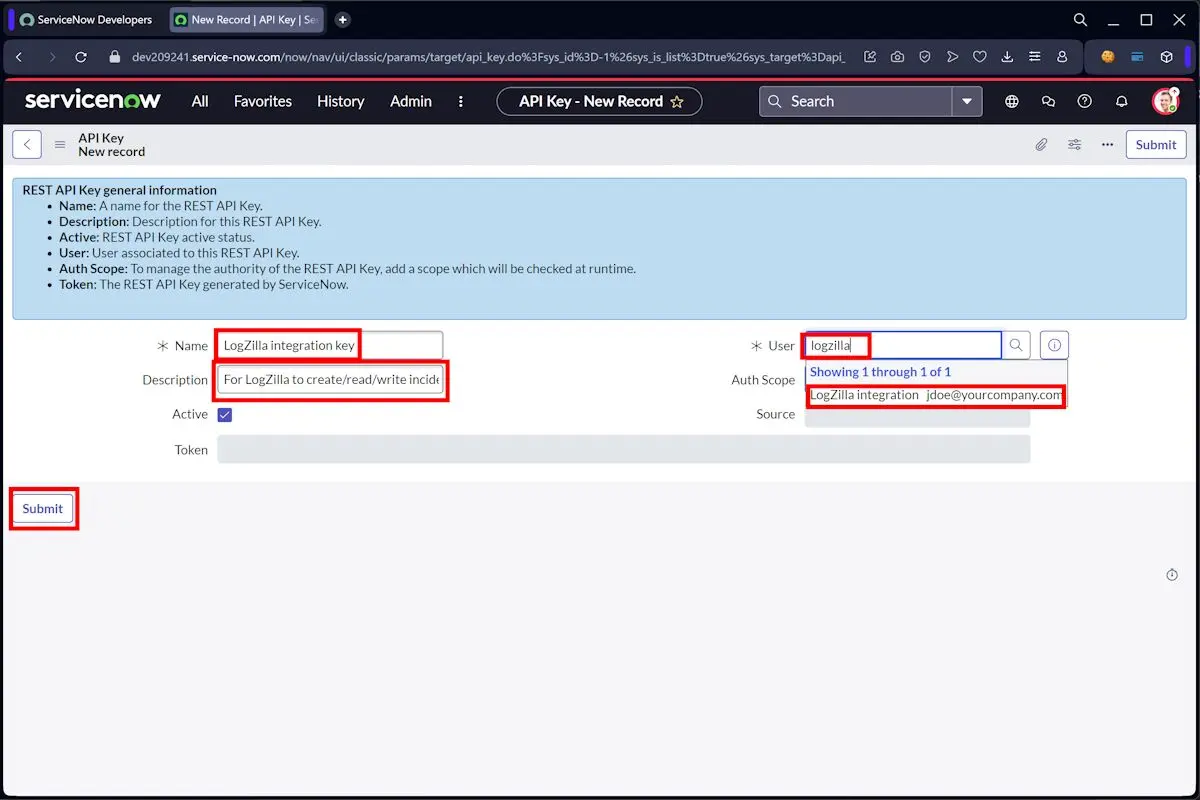 ServiceNow API key creation
interface