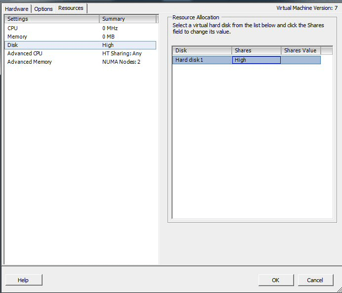 VMWare Resource Allocation for Disk set to High